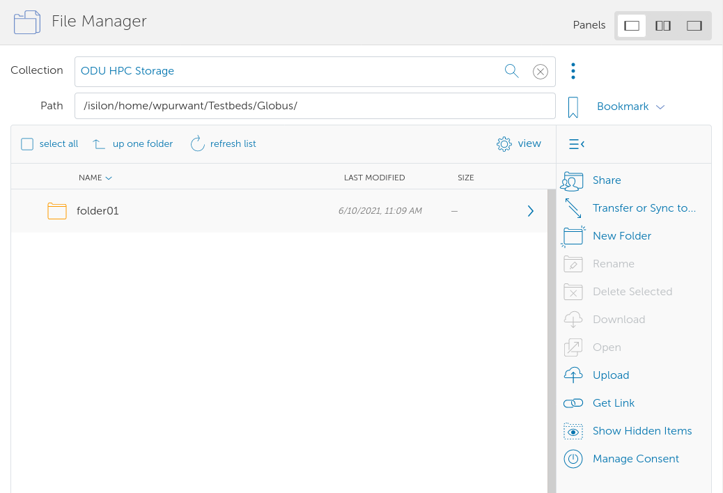 Globus file manager showing the shared-directory